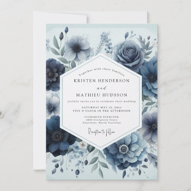Navy Floral Elegance Wedding Invitation (Front)