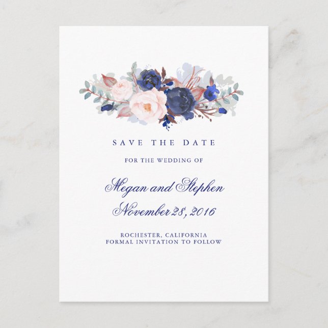 Navy Floral Elegant Save the Date Announcement Postcard (Front)