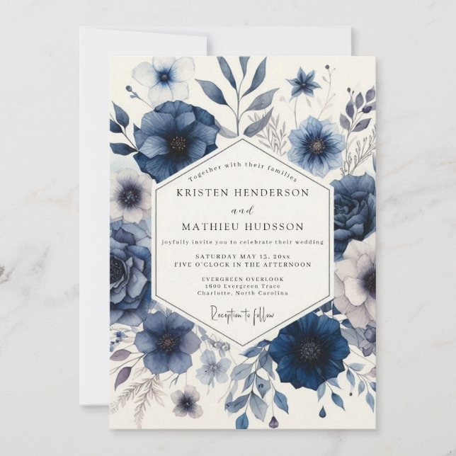 Navy Floral Ethereal Wedding Invitation (Front)