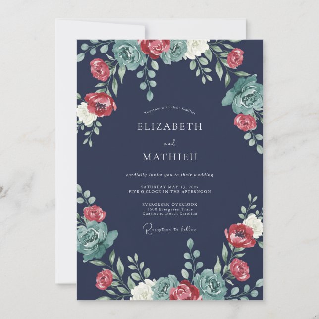 Navy Floral Flourish Romance Wedding Invitation (Front)