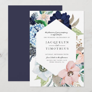 Navy Floral Frame Wedding Invitation