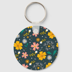 Navy Floral Garden Whimsical Spring Pattern Keychain