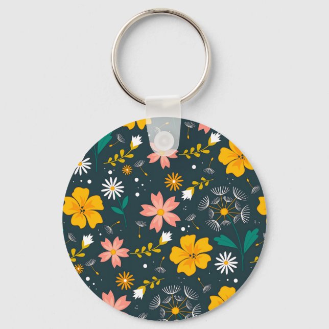 Navy Floral Garden Whimsical Spring Pattern Keychain (Front)