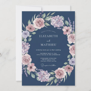 Navy Floral Garland Romance Wedding Invitation