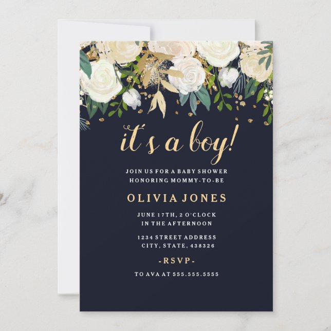 Navy Floral Glitter Sparkling Boy Baby Shower Invitation (Front)