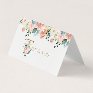 navy floral gold script photo folded thank you