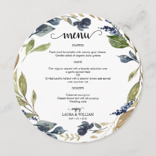 Navy Floral Greenery Leaves Round Menu