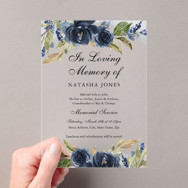 Navy Floral Leaf Clear Acrylic Memorial Service  Acrylic Invitations (Insitu (Handheld))