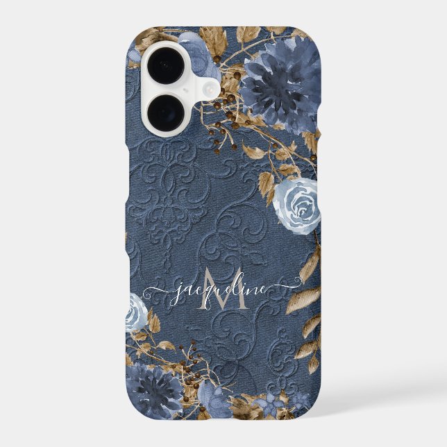 Navy Floral Leaf Watercolor Script Name Monogram (Back)