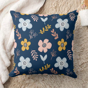 Navy Floral & Leafy Sprig Pattern Throw Pillow