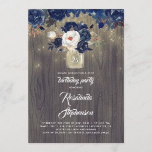 Navy Floral Mason Jar Rustic Birthday Party Invitation