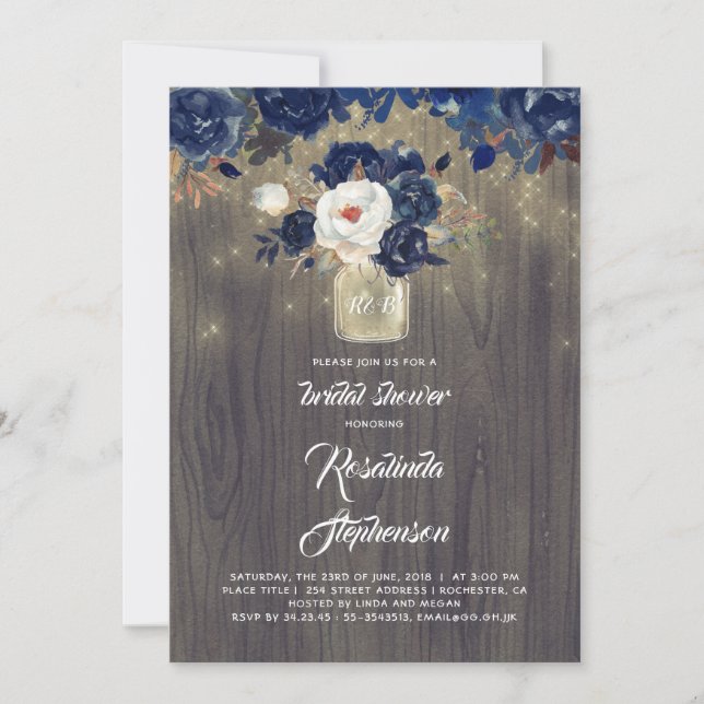 Navy Floral Mason Jar Rustic Bridal Shower Invitation (Front)