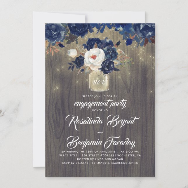 Navy Floral Mason Jar Rustic Engagement Party Invitation (Front)