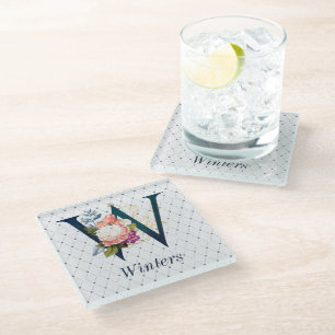 Navy Floral Monogram W  Square Coaster
