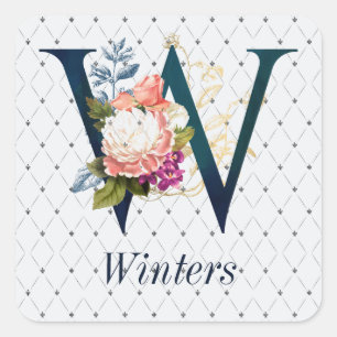 Navy Floral Monogram W  Square Sticker