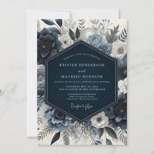 Navy Floral Moody Wedding Invitation (Front)