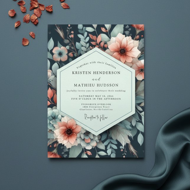 Navy Floral Nocturne Romance Wedding Invitation (Creator Uploaded)