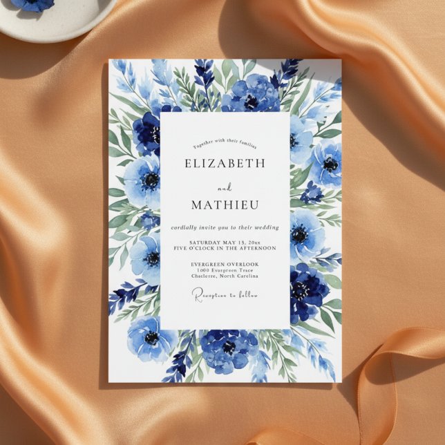 Navy Floral Painterly Flourish Wedding Invitation (Creator Uploaded)