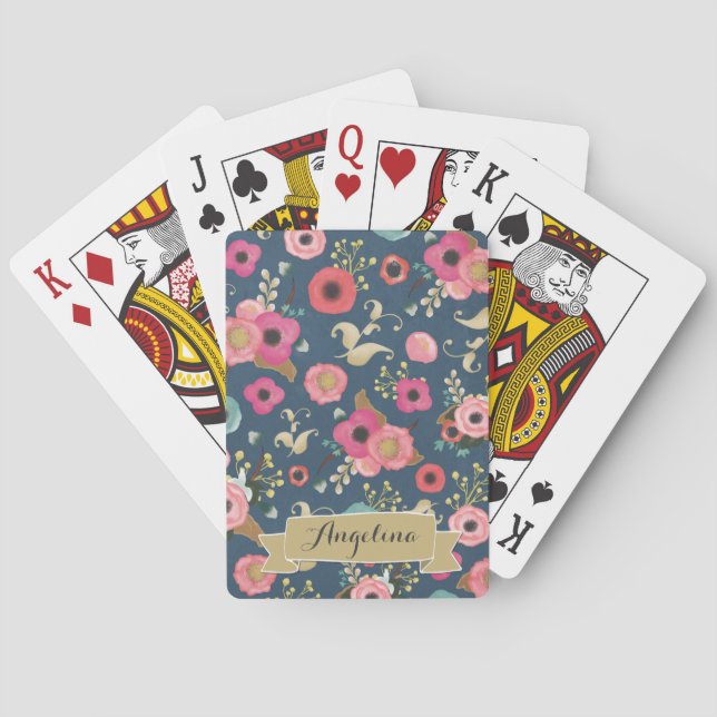 Navy Floral Pattern Personalized Playing Cards (Back)