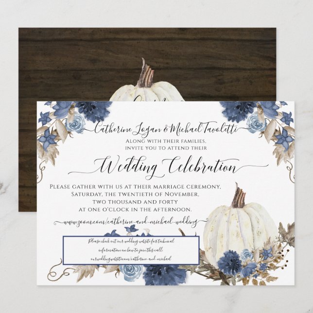 Navy Floral Pumpkin Rustic Wedding Celebration Invitation (Front/Back)