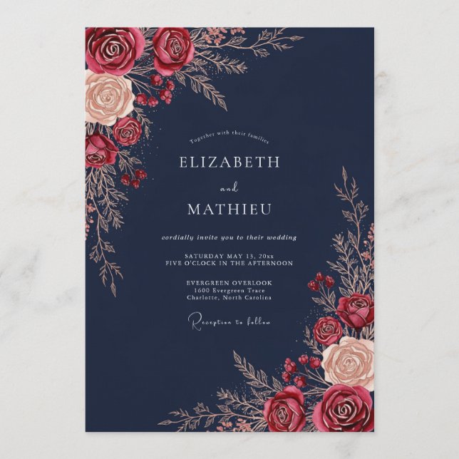 Navy Floral Romance Wedding Invitation (Front)