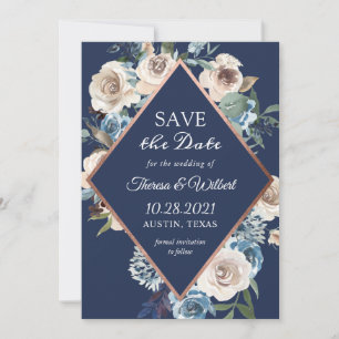 Navy Floral Rose Gold Wedding Save The Date