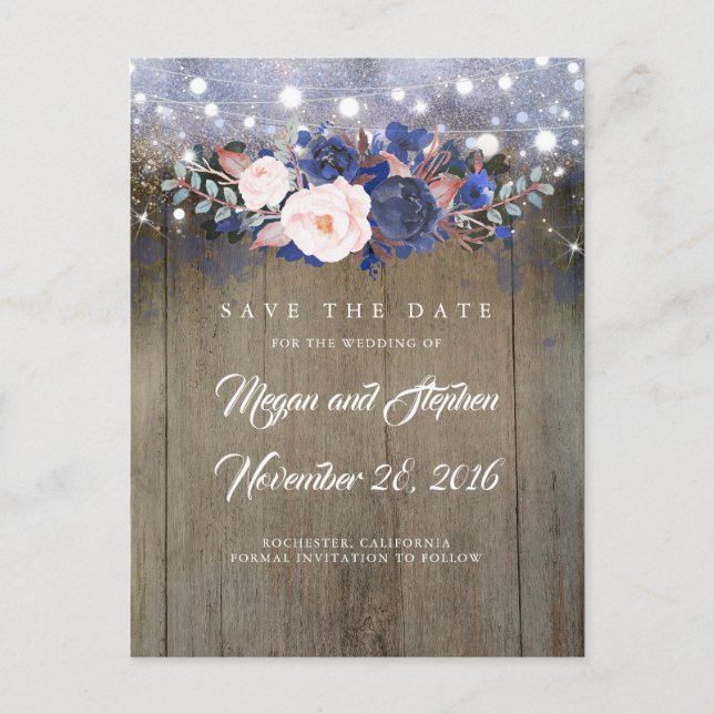 Navy Floral Rustic Save the Date Announcement Postcard (Front)