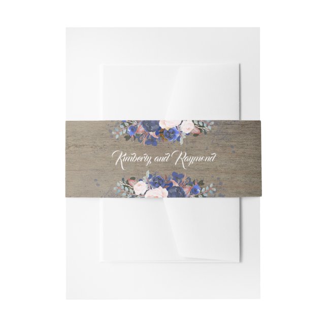 Navy Floral Rustic Wedding Invitation Belly Band (Front Example)