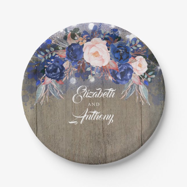 Navy Floral Rustic Wedding Paper Plate (Front)