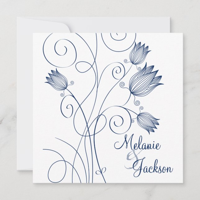 Navy Floral Swirls White Post Wedding Invita Invitation (Front)