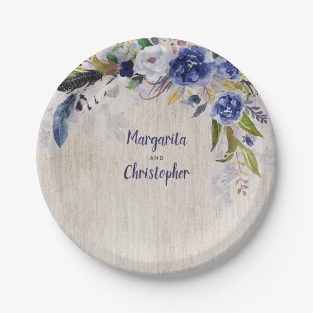 Navy Floral Watercolor Wedding Paper Plate (Front)