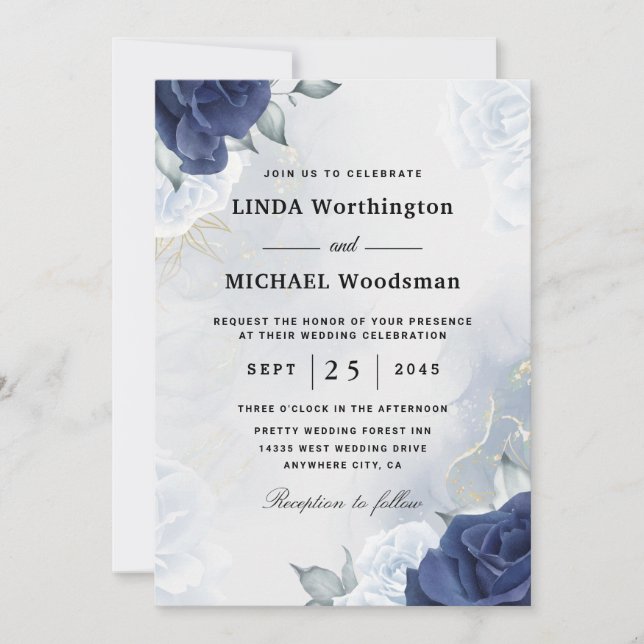Navy floral wedding invitations (Front)