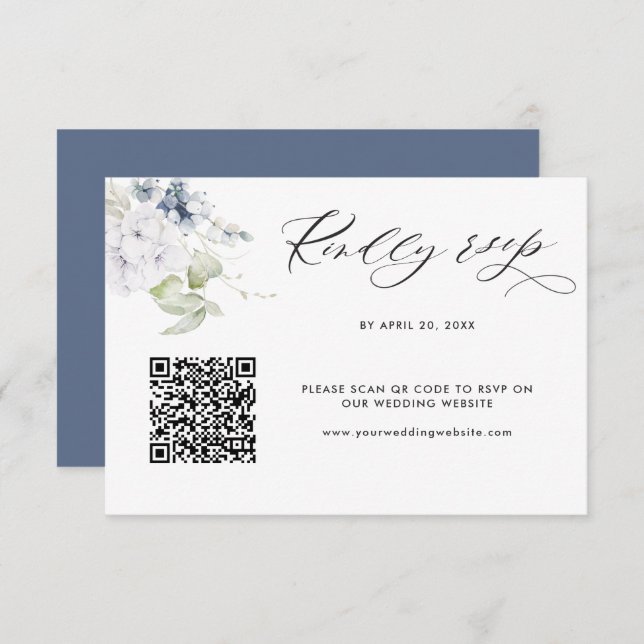 Navy Floral Wedding Rsvp Online with Scan QR Code Enclosure Card (Front/Back)