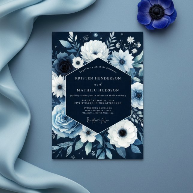 Navy Floral Whimsical Wedding Invitation (Creator Uploaded)