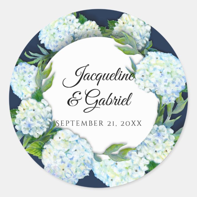 Navy Floral White Hydrangea Foliage Damask Wedding Classic Round Sticker (Front)