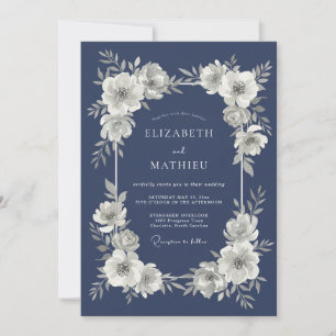 Navy Floral Wreath Wedding Invitation