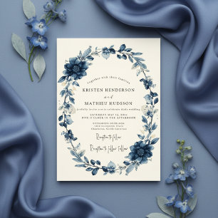 Navy Floral Wreath Wedding Invitation