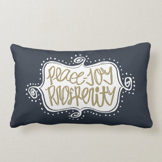 Navy Flourishes hand lettered Peace Joy Prosperity Lumbar Pillow