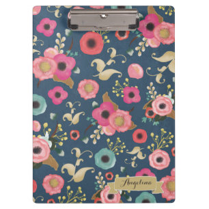 Navy Flower Pattern Modern Personalized Clip board