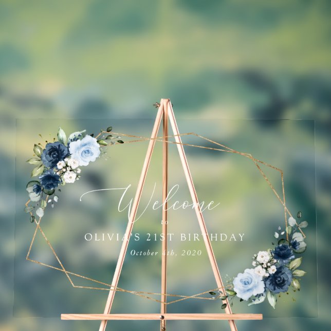 Navy Flowers, Blue Flowers, Boho, Birthday Welcome Acrylic Sign (Neutral)