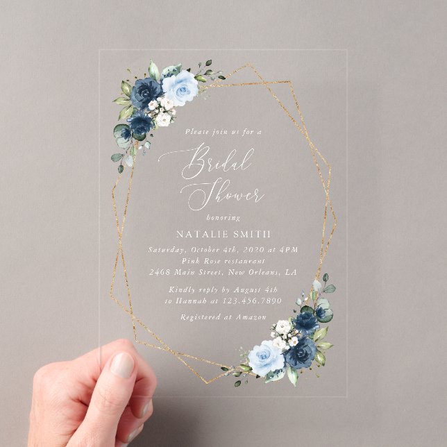 Navy Flowers, Blue Flowers, Boho, Bridal Shower Acrylic Invitations (Insitu (Handheld))