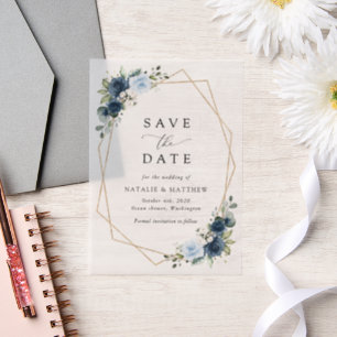 Navy Flowers, Blue Flowers, Boho, Floral Wedding Vellum Invitations