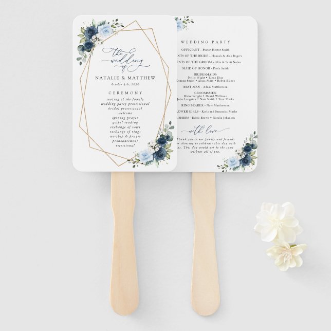 Navy Flowers, Blue Flowers, Boho, Wedding Program Hand Fan (Front and Back)