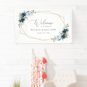 Navy Flowers, Blue Flowers, Boho, Wedding Welcome Banner