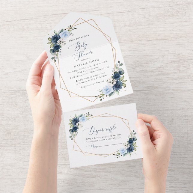Navy Flowers, Blue Flowers, Greenery, Baby Shower All In One Invitation (Tearaway)