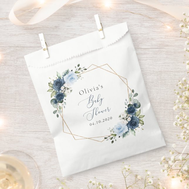 Navy Flowers, Blue Flowers, Greenery, Baby Shower Favour Bag (Clipped)
