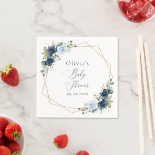 Navy Flowers, Blue Flowers, Greenery, Baby Shower Napkin