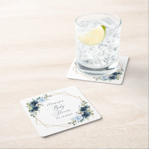 Navy Flowers, Blue Flowers, Greenery, Baby Shower Square Paper Coaster