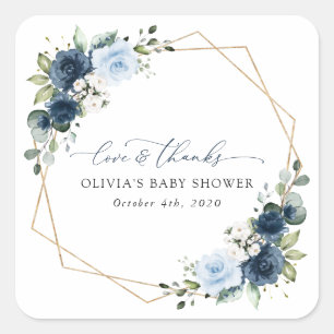 Navy Flowers, Blue Flowers, Greenery, Baby Shower Square Sticker
