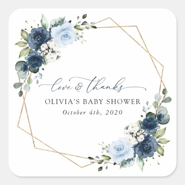 Navy Flowers, Blue Flowers, Greenery, Baby Shower Square Sticker (Front)